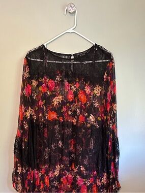 Johnny Was Black Maxi Dress with Red and Pink Floral Print